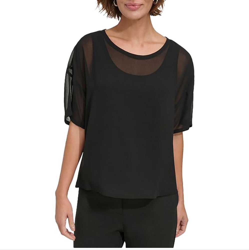 DKNY Womens Sheer Chiffon Shell Shirt